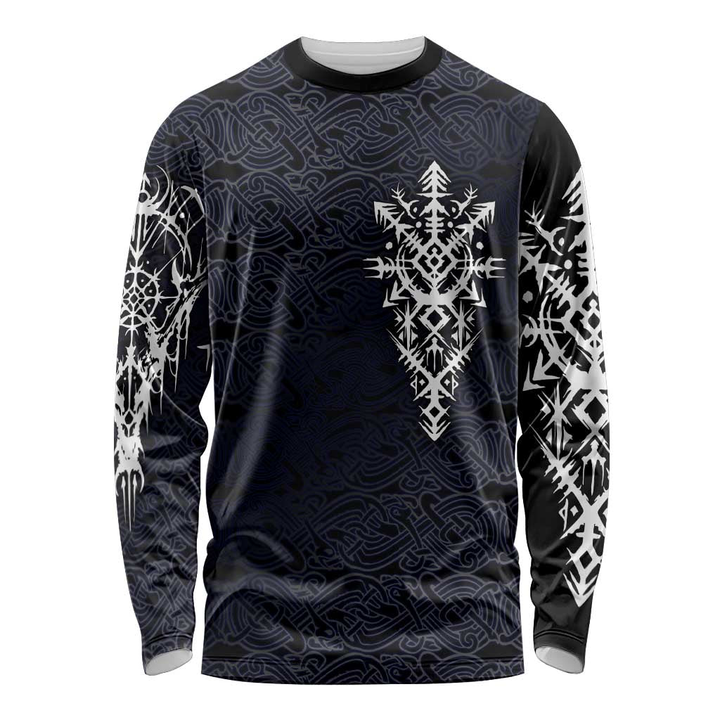Runic Skull Long Sleeve Shirt with Nordic Symbols and Knot Pattern Viking Heritage Tribute - Wonder Print Shop