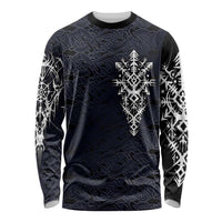 Runic Skull Long Sleeve Shirt with Nordic Symbols and Knot Pattern Viking Heritage Tribute - Wonder Print Shop