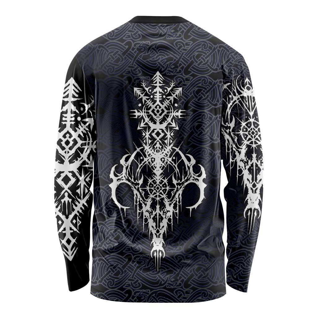 Runic Skull Long Sleeve Shirt with Nordic Symbols and Knot Pattern Viking Heritage Tribute - Wonder Print Shop