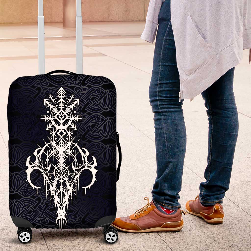 Runic Skull Luggage Cover with Nordic Symbols and Knot Pattern Viking Heritage Tribute - Wonder Print Shop