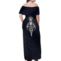 Runic Skull Off Shoulder Maxi Dress with Nordic Symbols and Knot Pattern Viking Heritage Tribute - Wonder Print Shop