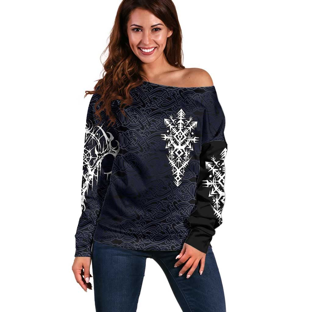 Runic Skull Off Shoulder Sweater with Nordic Symbols and Knot Pattern Viking Heritage Tribute - Wonder Print Shop