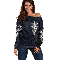 Runic Skull Off Shoulder Sweater with Nordic Symbols and Knot Pattern Viking Heritage Tribute - Wonder Print Shop