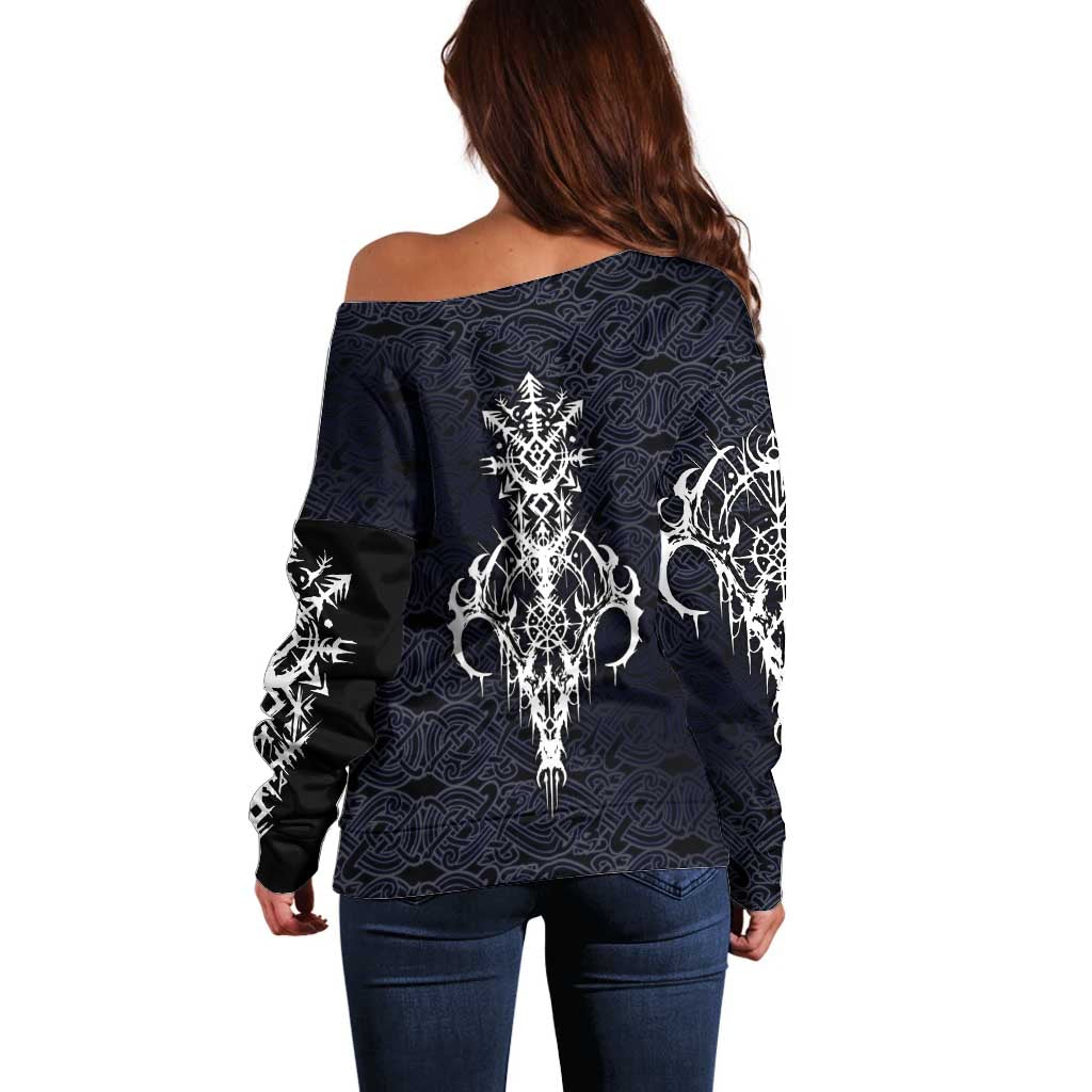 Runic Skull Off Shoulder Sweater with Nordic Symbols and Knot Pattern Viking Heritage Tribute - Wonder Print Shop
