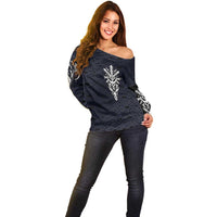 Runic Skull Off Shoulder Sweater with Nordic Symbols and Knot Pattern Viking Heritage Tribute - Wonder Print Shop