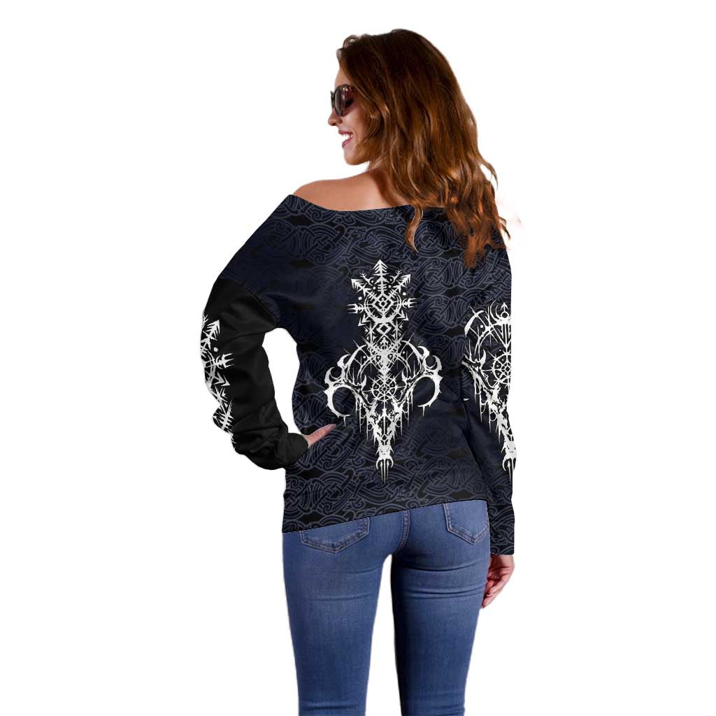 Runic Skull Off Shoulder Sweater with Nordic Symbols and Knot Pattern Viking Heritage Tribute - Wonder Print Shop