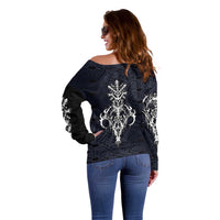 Runic Skull Off Shoulder Sweater with Nordic Symbols and Knot Pattern Viking Heritage Tribute - Wonder Print Shop