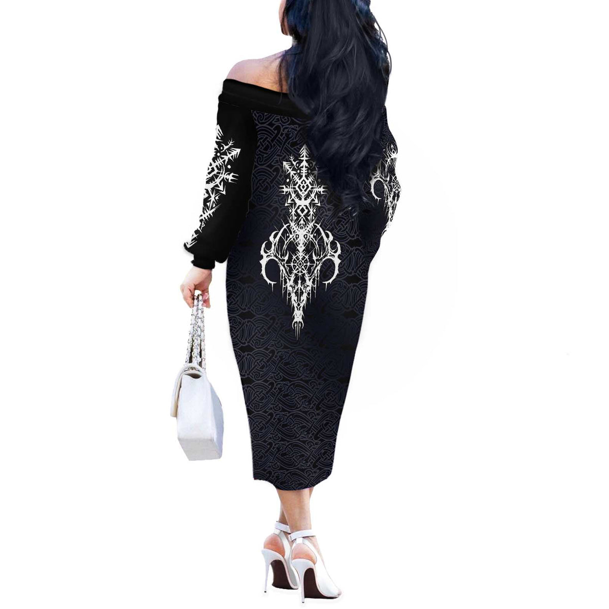 Runic Skull Off The Shoulder Long Sleeve Dress with Nordic Symbols and Knot Pattern Viking Heritage Tribute - Wonder Print Shop