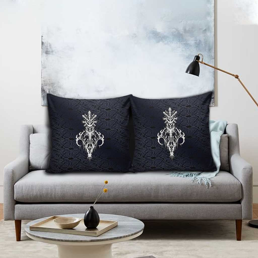 Runic Skull Pillow Cover with Nordic Symbols and Knot Pattern Viking Heritage Tribute - Wonder Print Shop