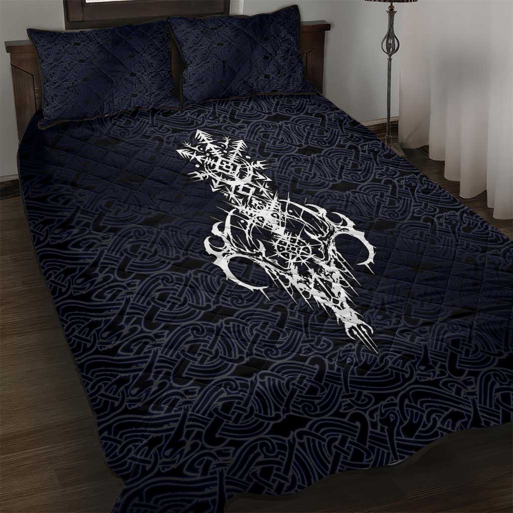Runic Skull Quilt Bed Set with Nordic Symbols and Knot Pattern Viking Heritage Tribute - Wonder Print Shop