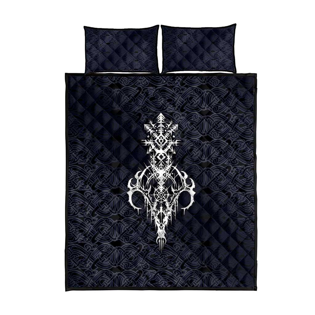 Runic Skull Quilt Bed Set with Nordic Symbols and Knot Pattern Viking Heritage Tribute - Wonder Print Shop