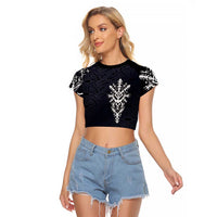 Runic Skull Raglan Cropped T Shirt with Nordic Symbols and Knot Pattern Viking Heritage Tribute - Wonder Print Shop