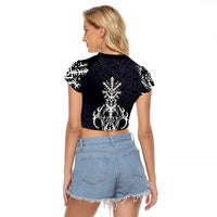 Runic Skull Raglan Cropped T Shirt with Nordic Symbols and Knot Pattern Viking Heritage Tribute - Wonder Print Shop
