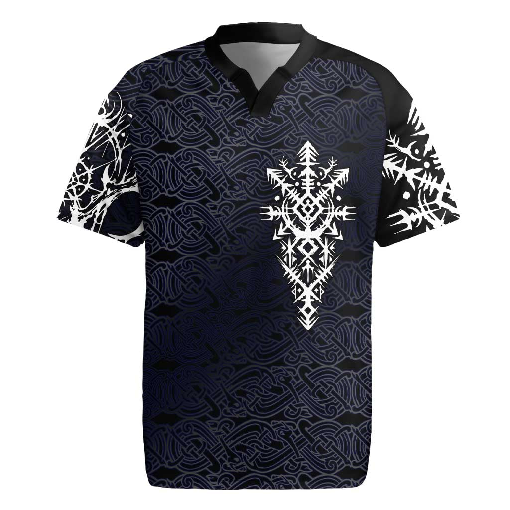 Runic Skull Rugby Jersey with Nordic Symbols and Knot Pattern Viking Heritage Tribute - Wonder Print Shop