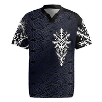 Runic Skull Rugby Jersey with Nordic Symbols and Knot Pattern Viking Heritage Tribute - Wonder Print Shop