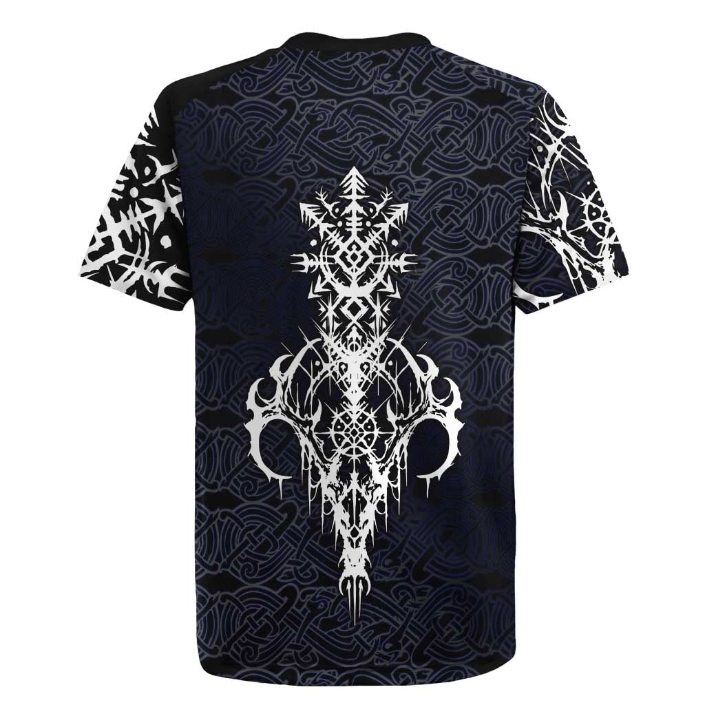 Runic Skull Rugby Jersey with Nordic Symbols and Knot Pattern Viking Heritage Tribute - Wonder Print Shop