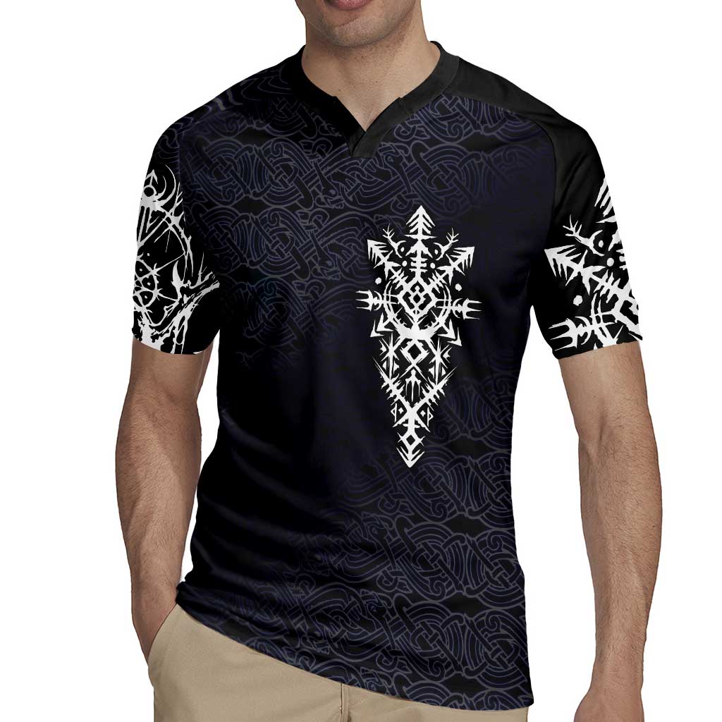 Runic Skull Rugby Jersey with Nordic Symbols and Knot Pattern Viking Heritage Tribute - Wonder Print Shop