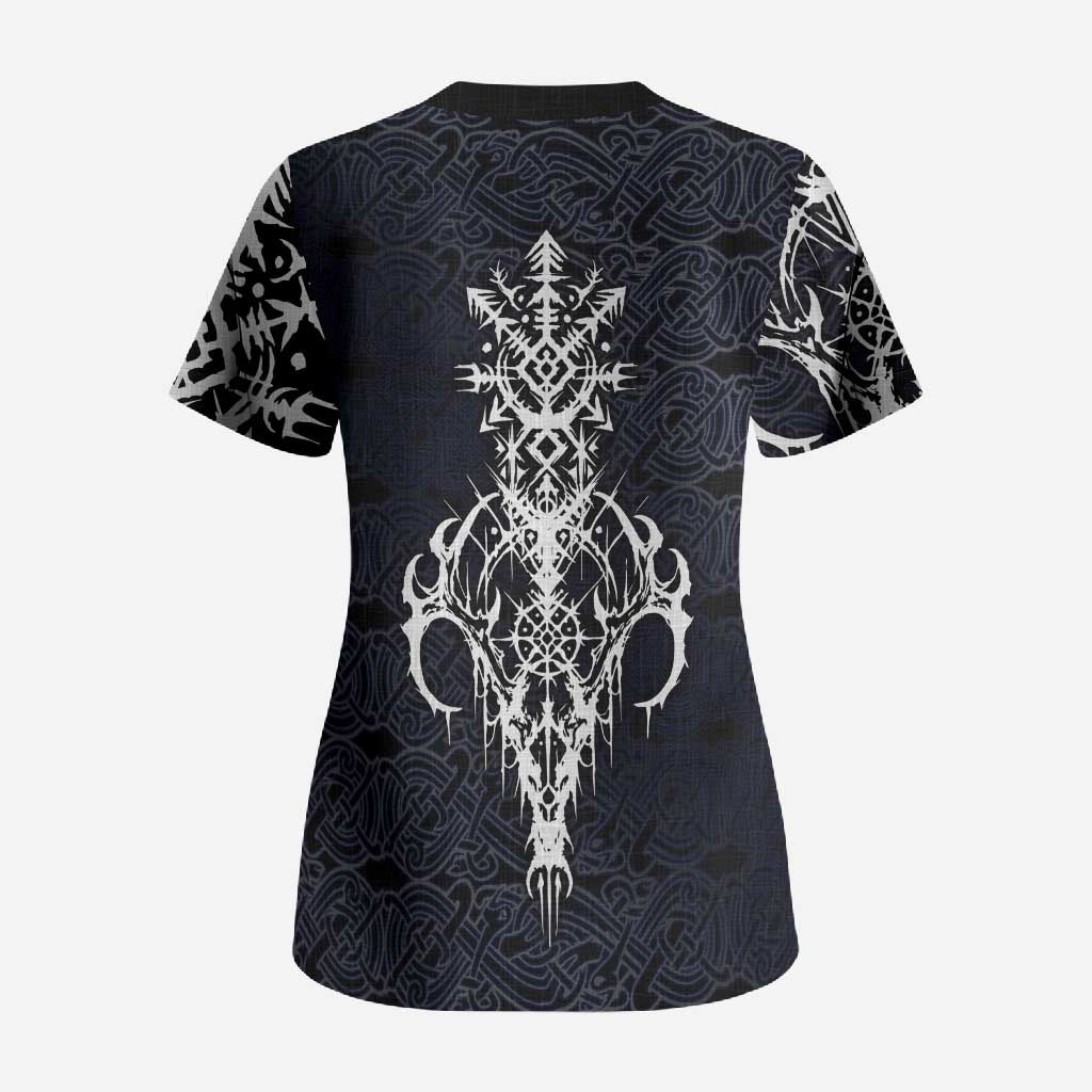 Runic Skull Scrub Top with Nordic Symbols and Knot Pattern Viking Heritage Tribute - Wonder Print Shop