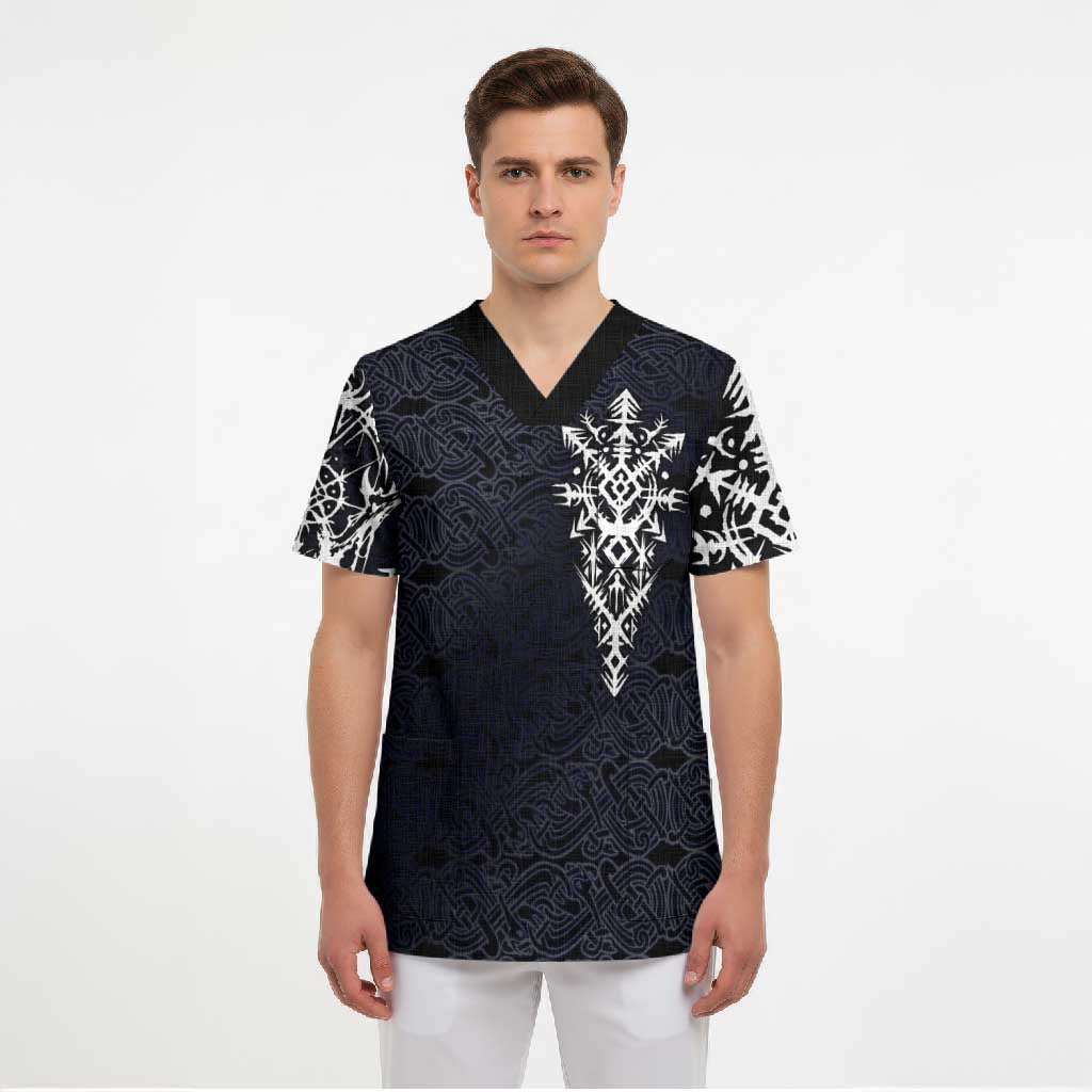 Runic Skull Scrub Top with Nordic Symbols and Knot Pattern Viking Heritage Tribute - Wonder Print Shop