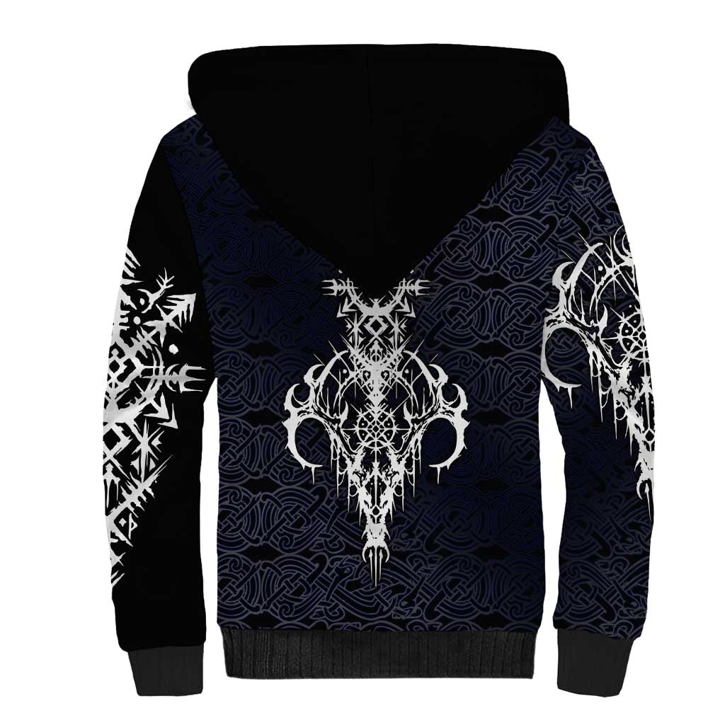 Runic Skull Sherpa Hoodie with Nordic Symbols and Knot Pattern Viking Heritage Tribute - Wonder Print Shop