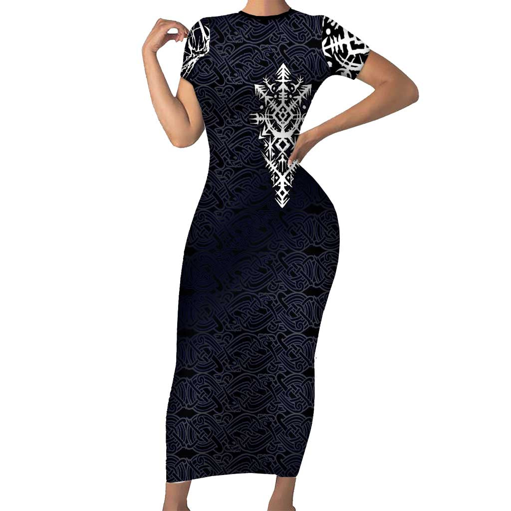 Runic Skull Short Sleeve Bodycon Dress with Nordic Symbols and Knot Pattern Viking Heritage Tribute - Wonder Print Shop
