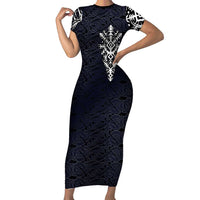 Runic Skull Short Sleeve Bodycon Dress with Nordic Symbols and Knot Pattern Viking Heritage Tribute - Wonder Print Shop