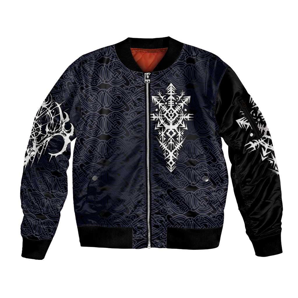 Runic Skull Sleeve Zip Bomber Jacket with Nordic Symbols and Knot Pattern Viking Heritage Tribute - Wonder Print Shop