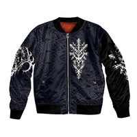 Runic Skull Sleeve Zip Bomber Jacket with Nordic Symbols and Knot Pattern Viking Heritage Tribute - Wonder Print Shop