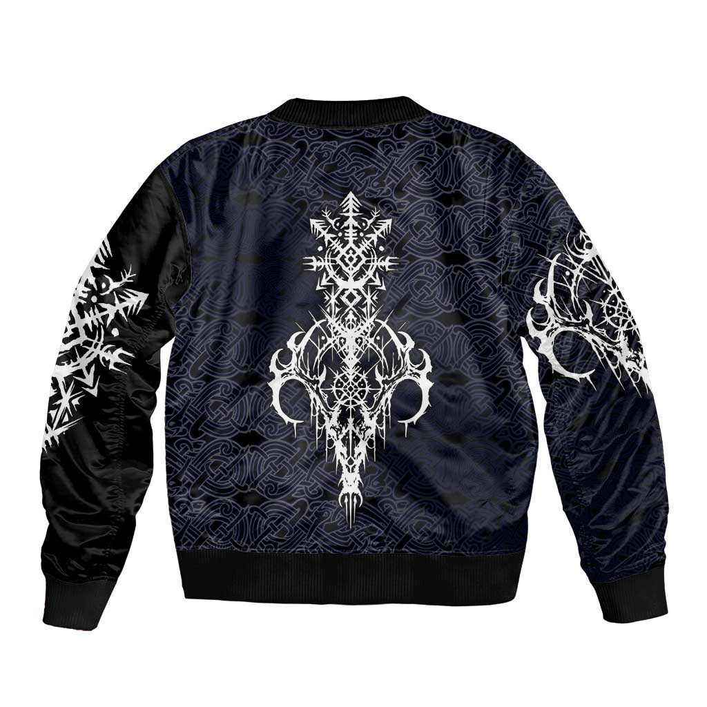 Runic Skull Sleeve Zip Bomber Jacket with Nordic Symbols and Knot Pattern Viking Heritage Tribute - Wonder Print Shop