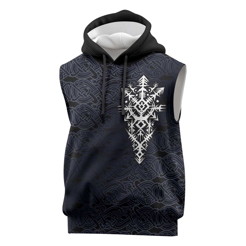 Runic Skull Sleeveless Hoodie with Nordic Symbols and Knot Pattern Viking Heritage Tribute - Wonder Print Shop