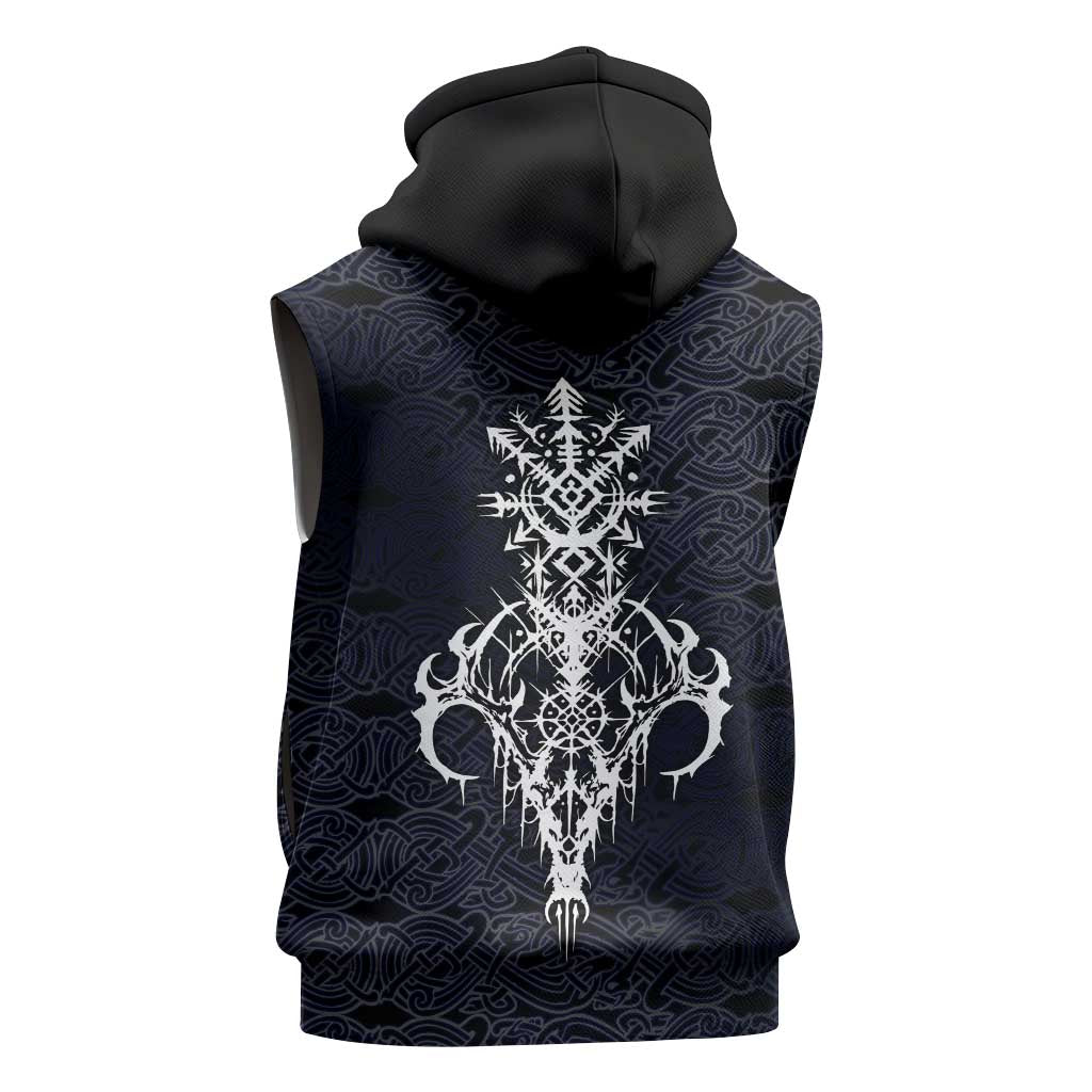 Runic Skull Sleeveless Hoodie with Nordic Symbols and Knot Pattern Viking Heritage Tribute - Wonder Print Shop