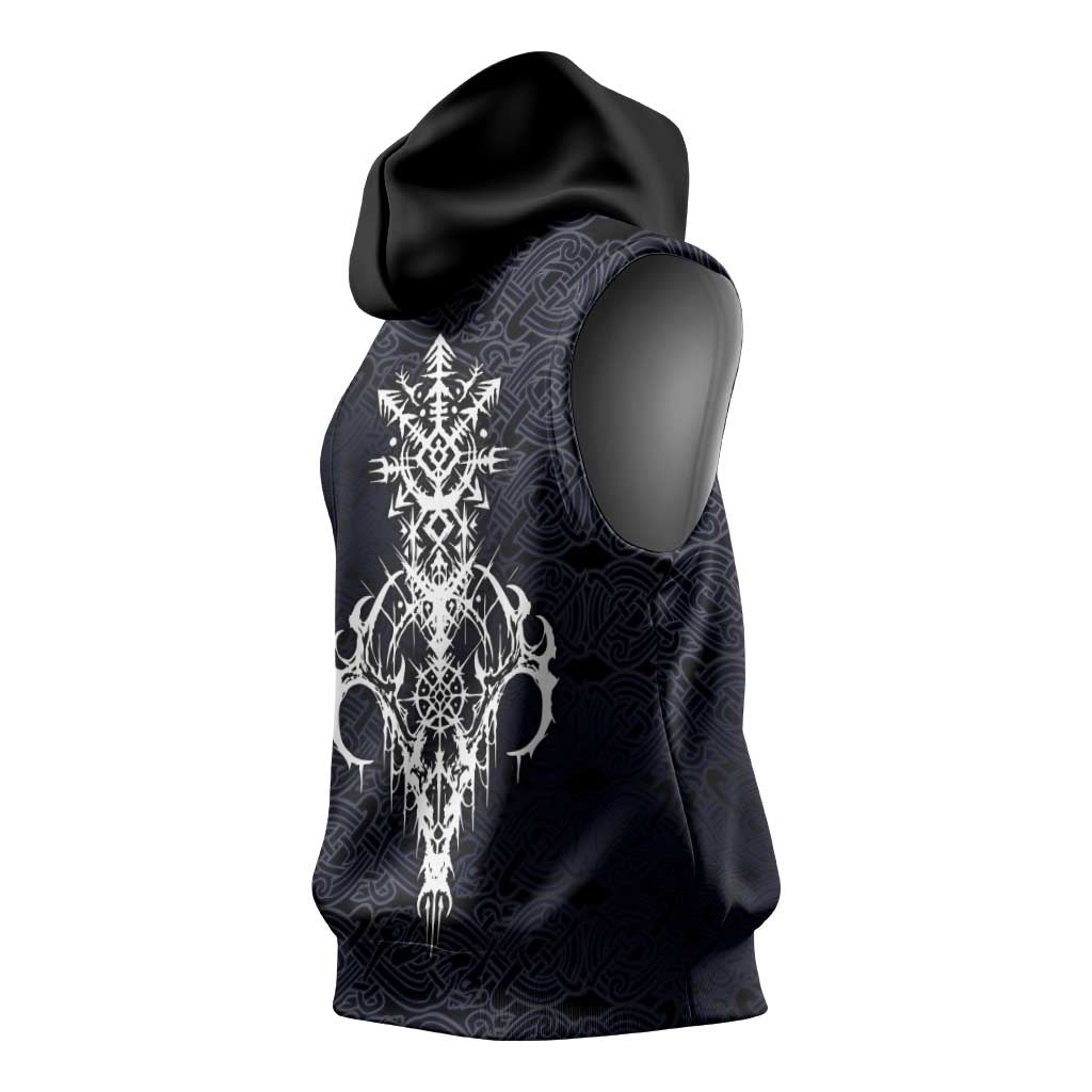 Runic Skull Sleeveless Hoodie with Nordic Symbols and Knot Pattern Viking Heritage Tribute - Wonder Print Shop