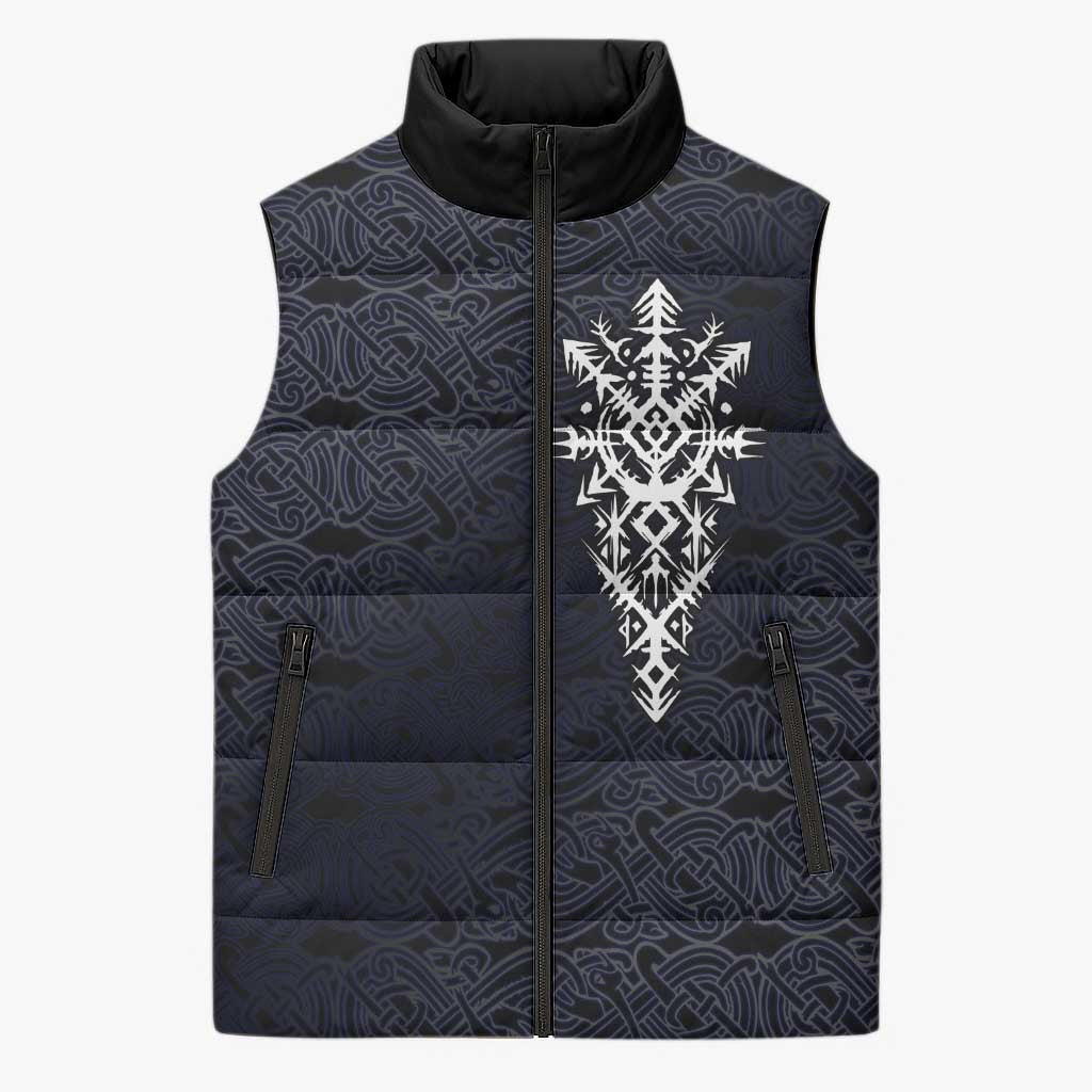 Runic Skull Sleeveless Puffer Jacket with Nordic Symbols and Knot Pattern Viking Heritage Tribute - Wonder Print Shop