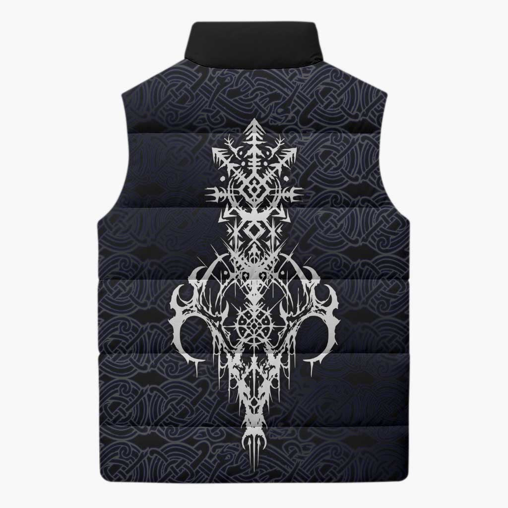 Runic Skull Sleeveless Puffer Jacket with Nordic Symbols and Knot Pattern Viking Heritage Tribute - Wonder Print Shop