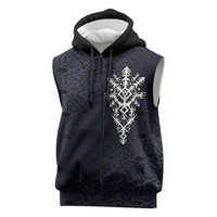 Runic Skull Sleeveless Zip Hoodie with Nordic Symbols and Knot Pattern Viking Heritage Tribute - Wonder Print Shop