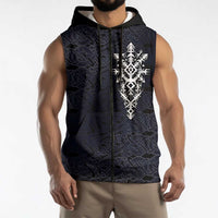 Runic Skull Sleeveless Zip Hoodie with Nordic Symbols and Knot Pattern Viking Heritage Tribute - Wonder Print Shop
