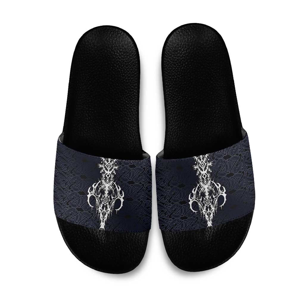 Runic Skull Slide Sandals with Nordic Symbols and Knot Pattern Viking Heritage Tribute - Wonder Print Shop