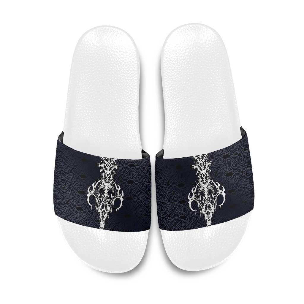 Runic Skull Slide Sandals with Nordic Symbols and Knot Pattern Viking Heritage Tribute - Wonder Print Shop