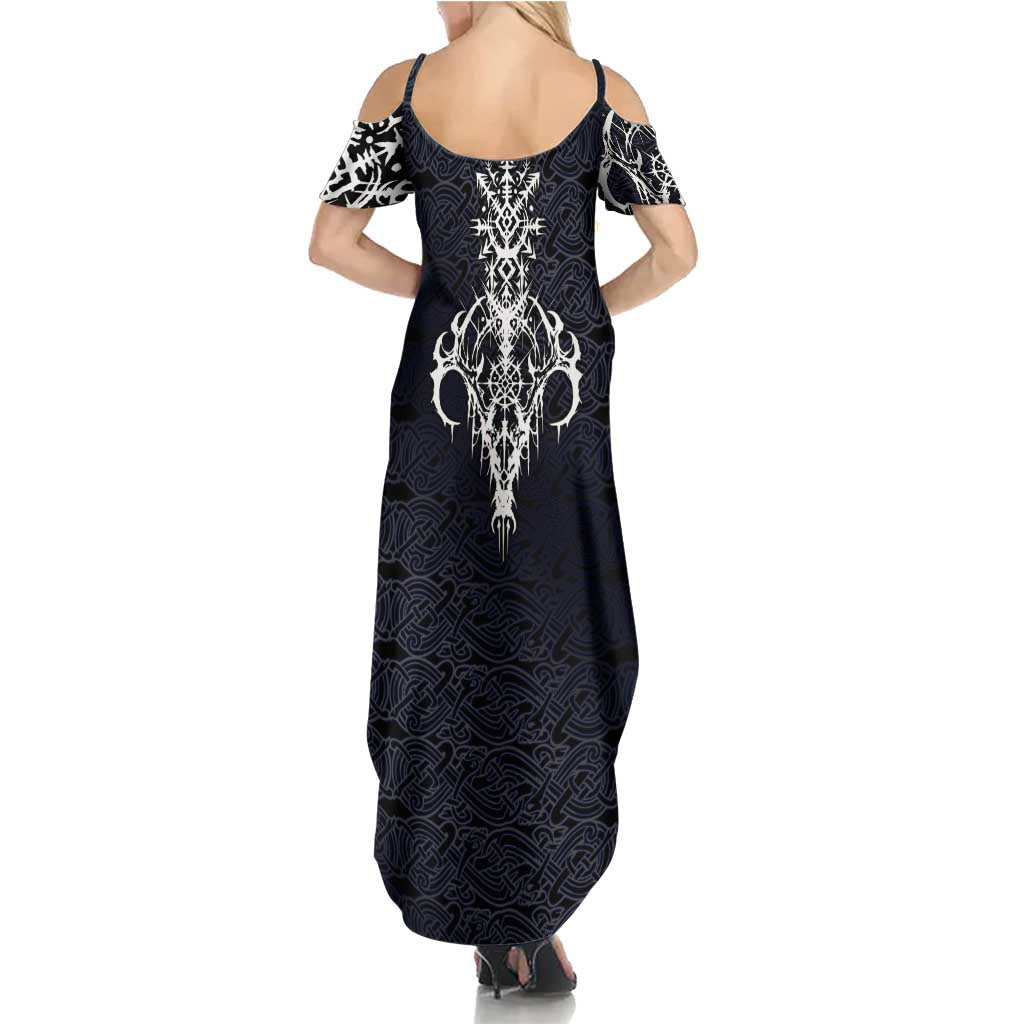 Runic Skull Summer Maxi Dress with Nordic Symbols and Knot Pattern Viking Heritage Tribute - Wonder Print Shop
