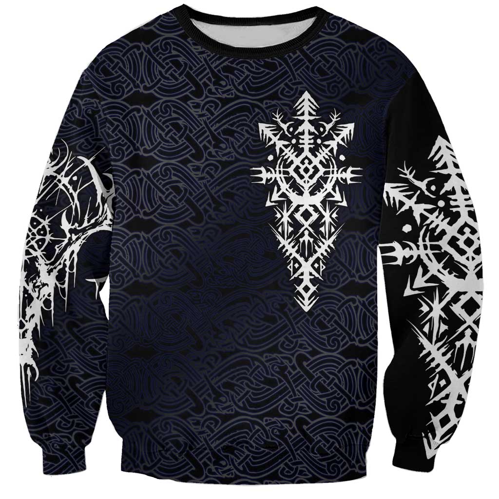 Runic Skull Sweatshirt with Nordic Symbols and Knot Pattern Viking Heritage Tribute - Wonder Print Shop