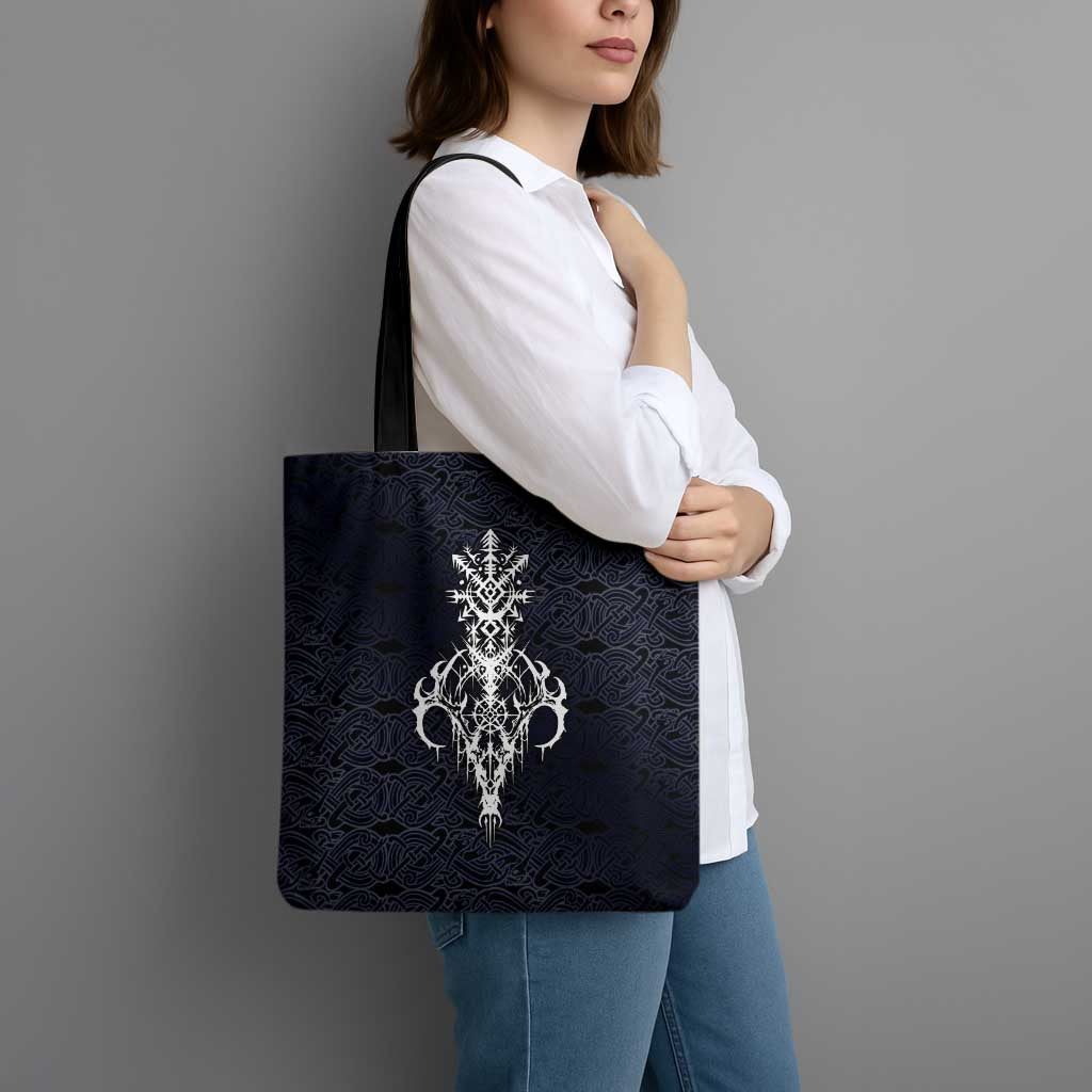 Runic Skull Tote Bag with Nordic Symbols and Knot Pattern Viking Heritage Tribute - Wonder Print Shop