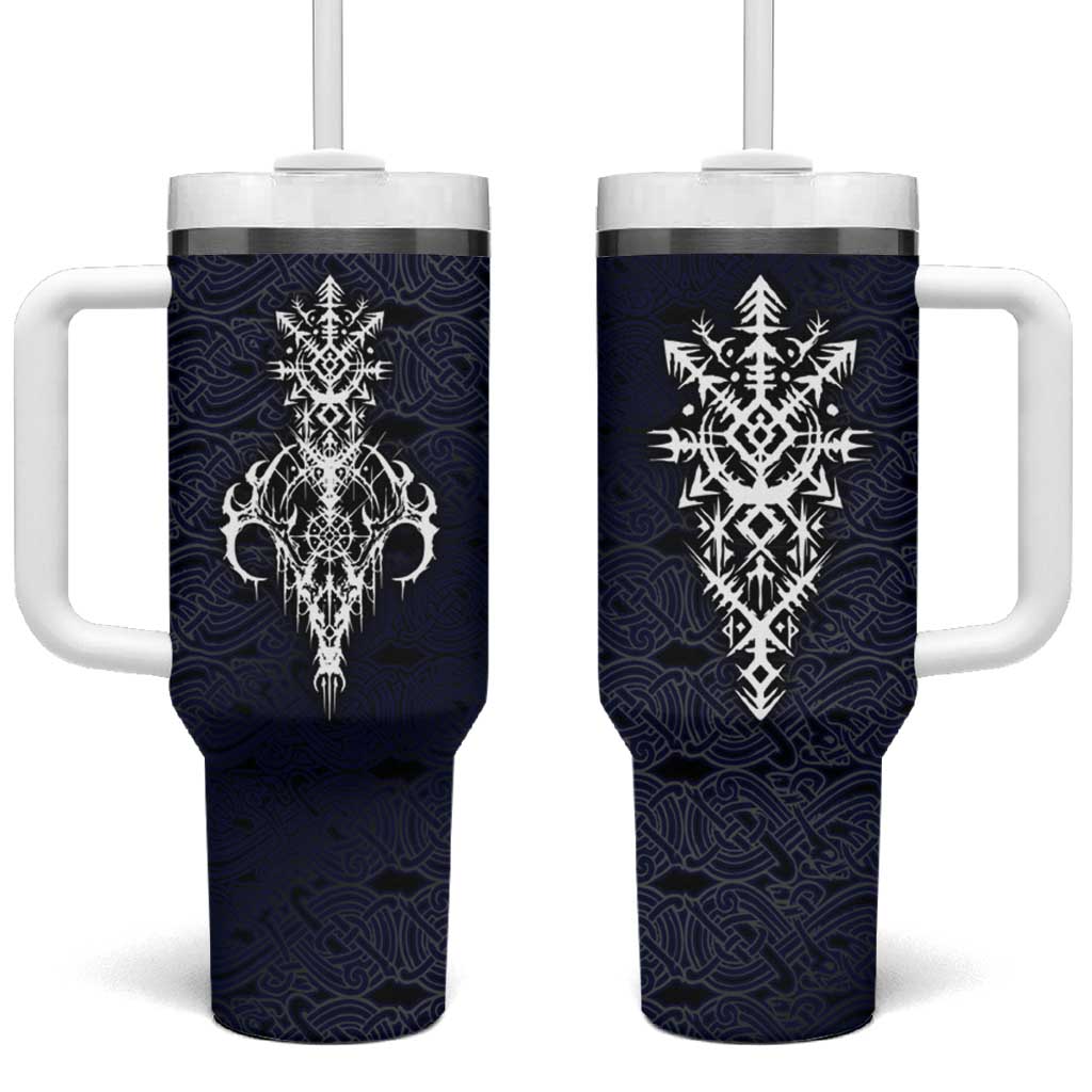 Runic Skull Tumbler With Handle with Nordic Symbols and Knot Pattern Viking Heritage Tribute - Wonder Print Shop