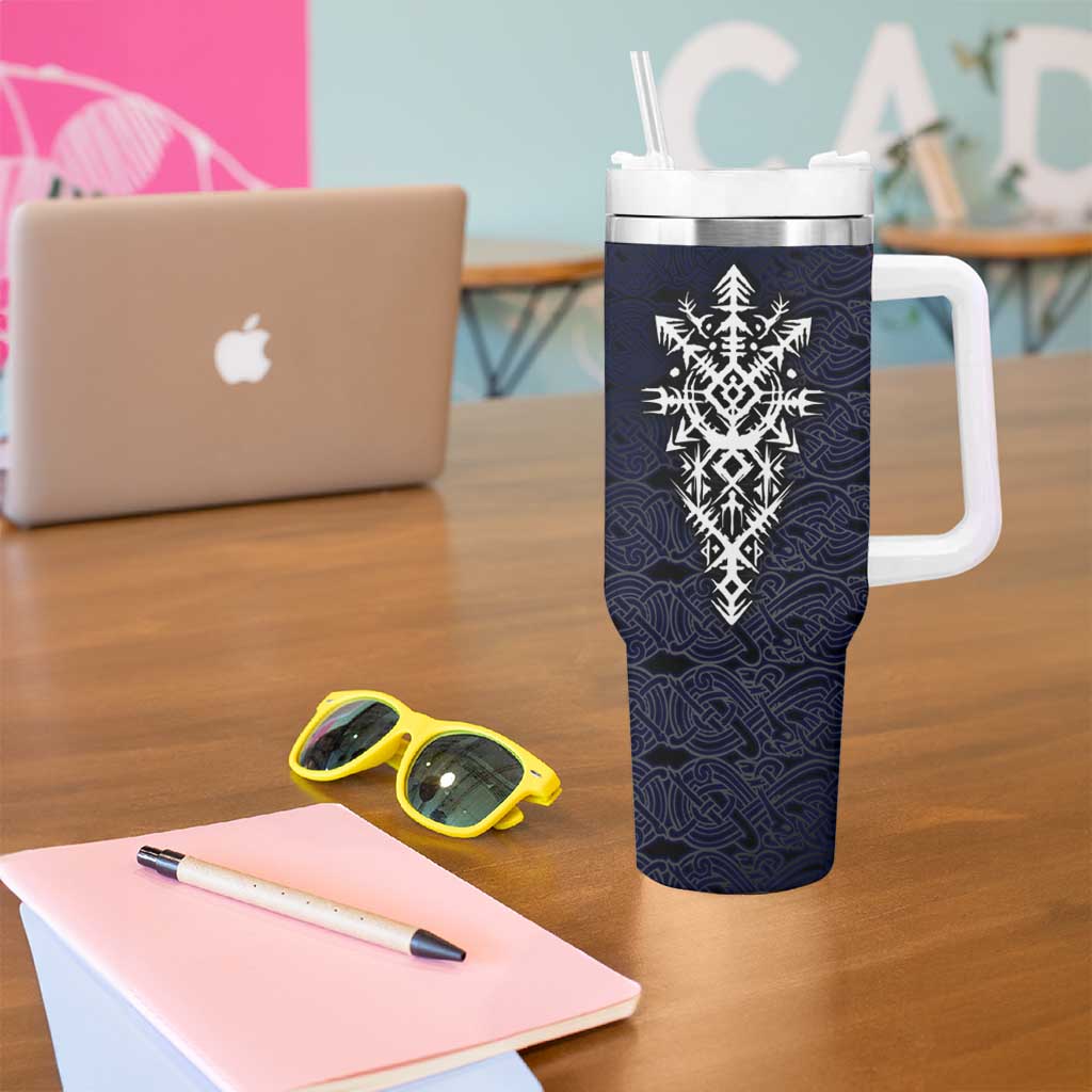 Runic Skull Tumbler With Handle with Nordic Symbols and Knot Pattern Viking Heritage Tribute - Wonder Print Shop