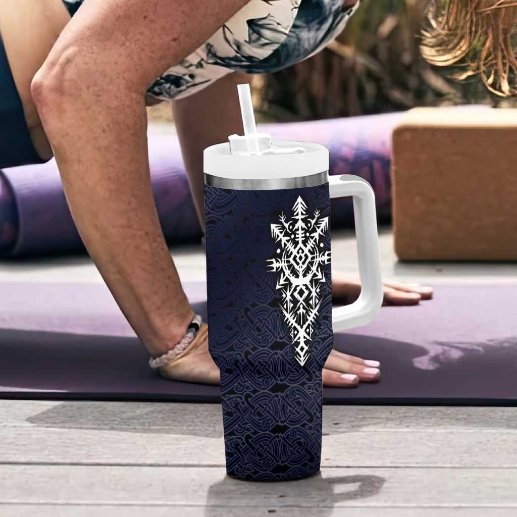 Runic Skull Tumbler With Handle with Nordic Symbols and Knot Pattern Viking Heritage Tribute - Wonder Print Shop