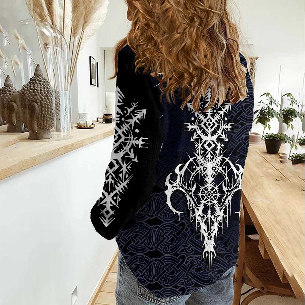 Runic Skull Women Casual Shirt with Nordic Symbols and Knot Pattern Viking Heritage Tribute - Wonder Print Shop