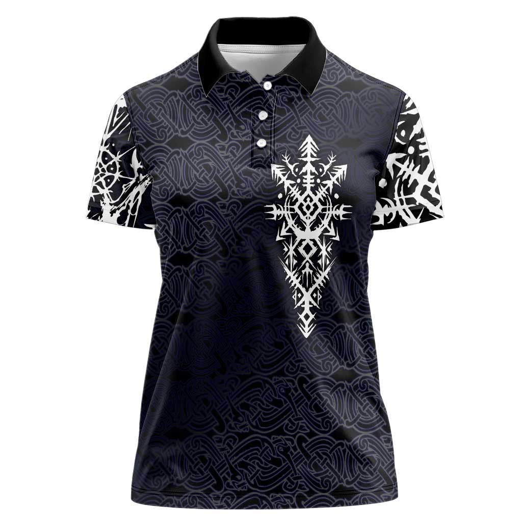 Runic Skull Women Polo Shirt with Nordic Symbols and Knot Pattern Viking Heritage Tribute - Wonder Print Shop