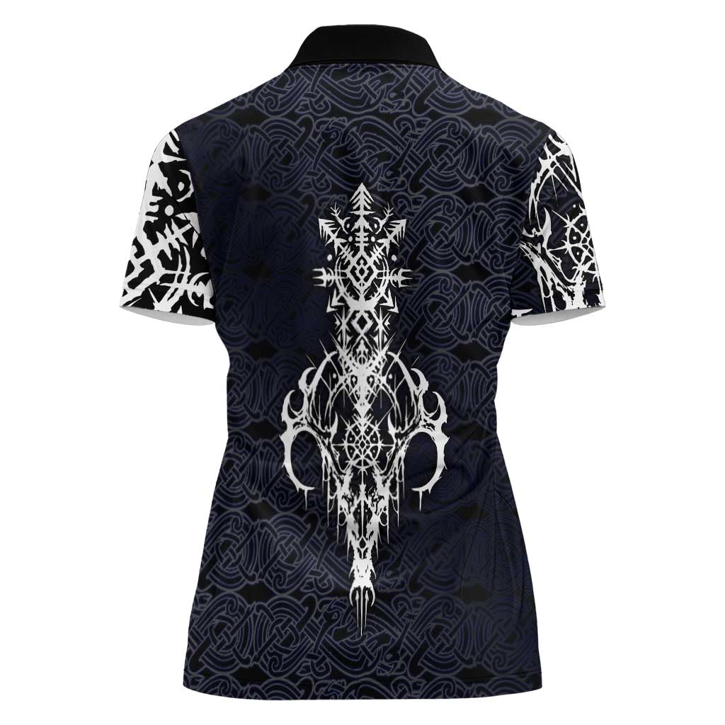 Runic Skull Women Polo Shirt with Nordic Symbols and Knot Pattern Viking Heritage Tribute - Wonder Print Shop