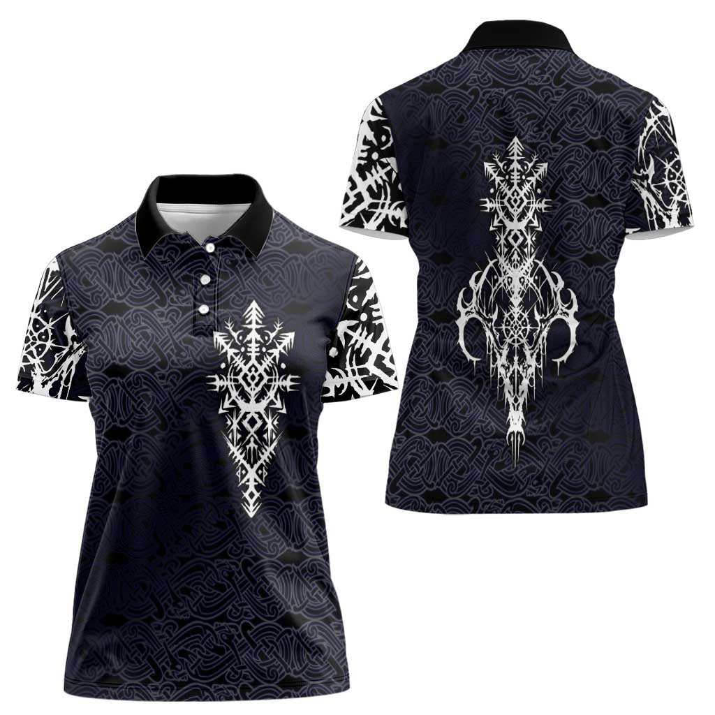 Runic Skull Women Polo Shirt with Nordic Symbols and Knot Pattern Viking Heritage Tribute - Wonder Print Shop