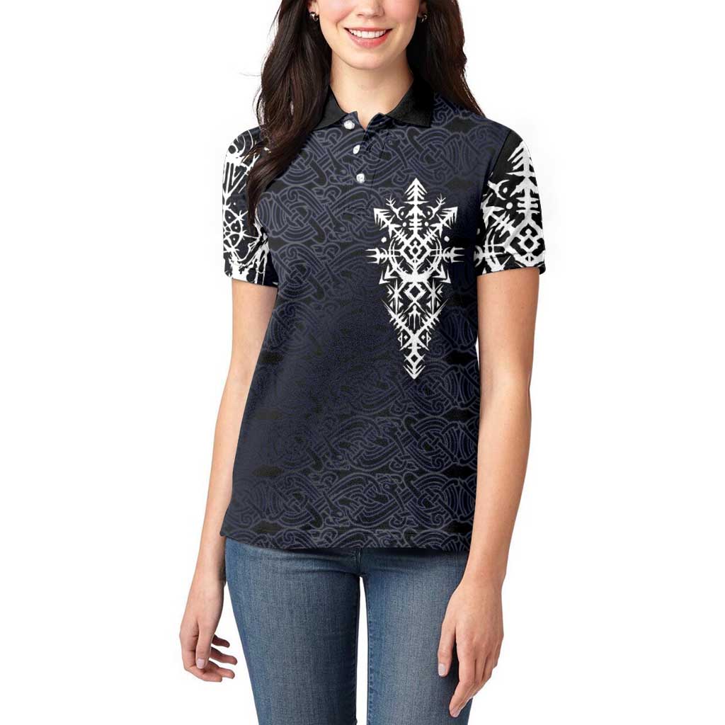 Runic Skull Women Polo Shirt with Nordic Symbols and Knot Pattern Viking Heritage Tribute - Wonder Print Shop
