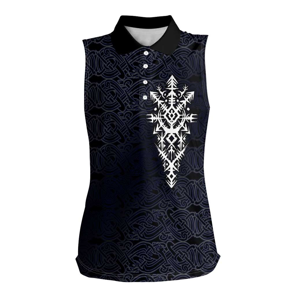 Runic Skull Women Sleeveless Polo Shirt with Nordic Symbols and Knot Pattern Viking Heritage Tribute - Wonder Print Shop